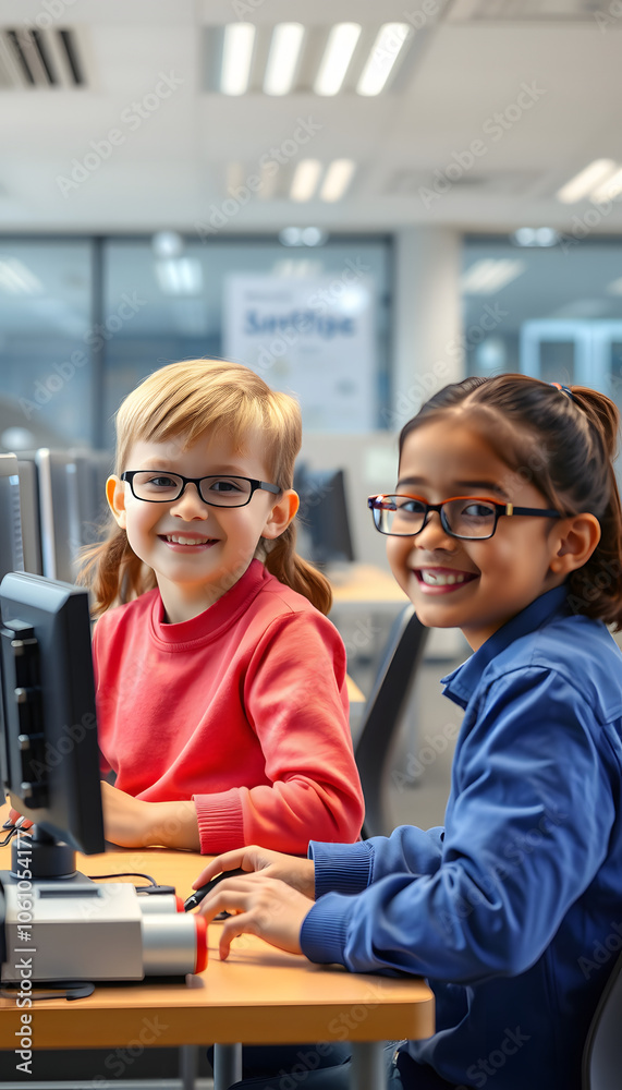 Portrait of happy children at school in the office at a robotics lesson, with a modern office with computers in the background isolated with white highlights, png