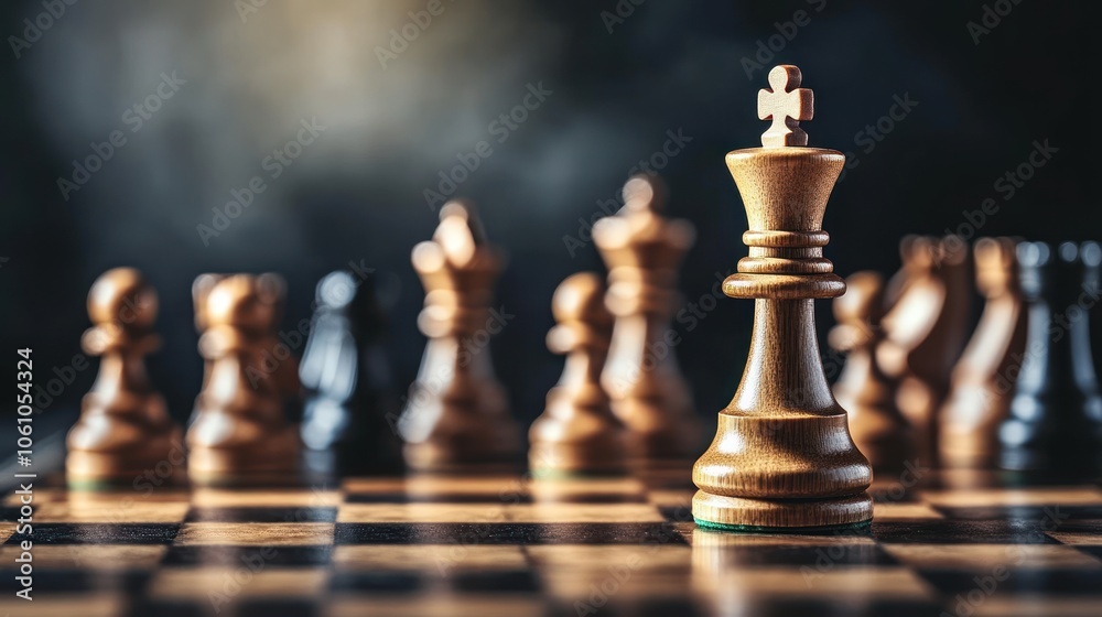 Wooden Chess King Piece on a Board with Blurred Background Wooden Chess King Piece on a Board with Blurred Background