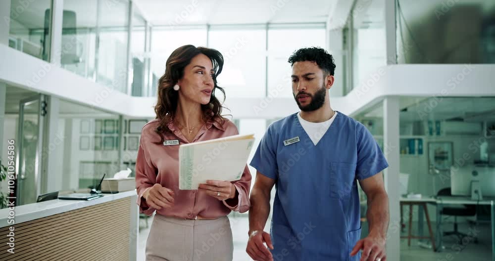 People, walking and doctor with advice on paperwork, medical team and manager for diagnosis consult. Staff, discussion and test results for healthcare in hospital, file records and insurance check