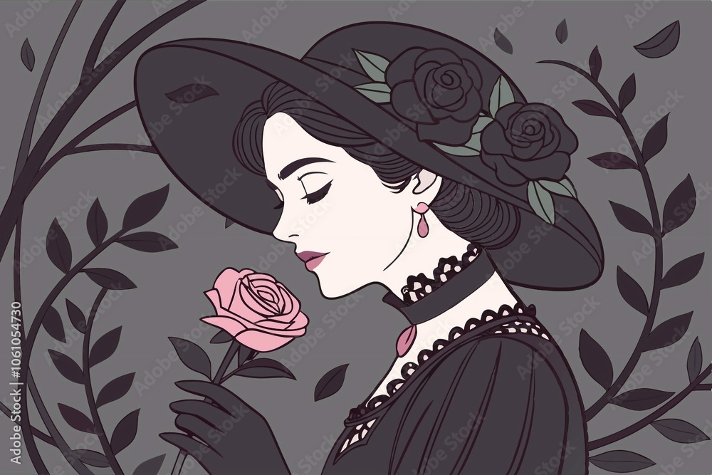 Portrait of a Gothic woman in a Victorian-inspired black lace gown, intricate detailing with thorn-like patterns, wearing elegant black lace gloves – she holds a single pink rose close to her face, he Portrait of a Gothic woman in a Victorian-inspired black lace gown, intricate detailing with thorn-like patterns, wearing elegant black lace gloves – she holds a single pink rose close to her face, he