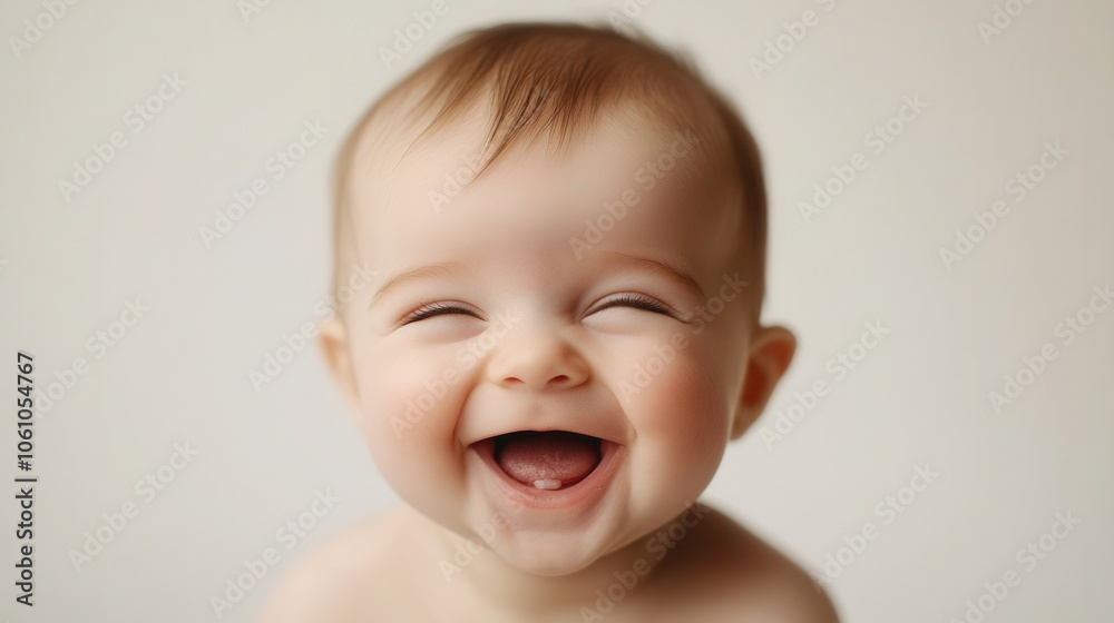 Newborn baby joyfully laughing against a soft white background, captured with a mirrorless camera and a 50mm lens during a bright indoor session Newborn baby joyfully laughing against a soft white background, captured with a mirrorless camera and a 50mm lens during a bright indoor session