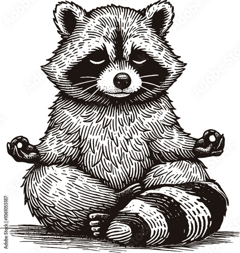 raccoon sits in lotus position relax style engraving hand drawn vector