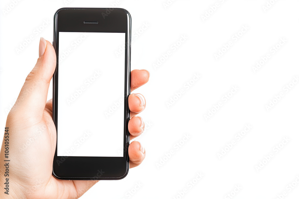 Woman Holding a Black Smartphone With a Blank Screen Against a White Background Woman Holding a Black Smartphone With a Blank Screen Against a White Background