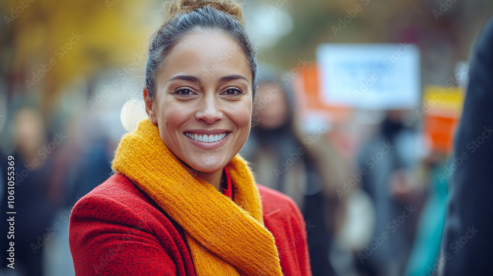 Smiling woman in a red coat during a public event Smiling woman in a red coat during a public event