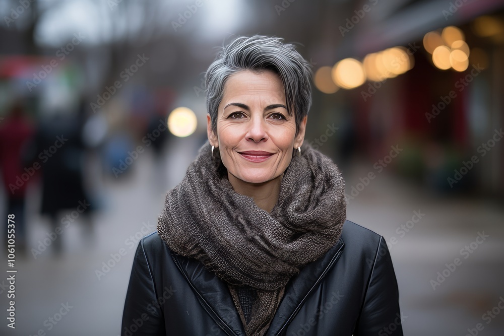 Portrait of a happy mature woman in winter coat and scarf on the street Portrait of a happy mature woman in winter coat and scarf on the street