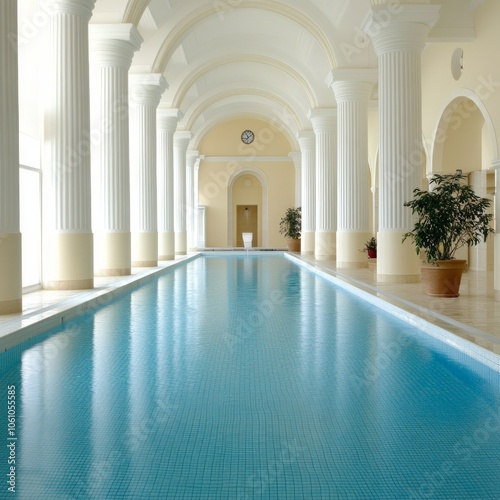 Indoor swimming pool with columns and arched ceilings.