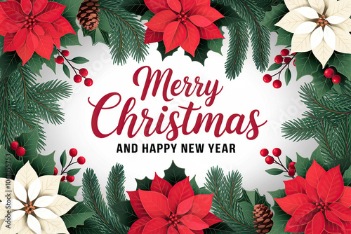 Merry Christmas greeting card with a branches, cones and berries on white background