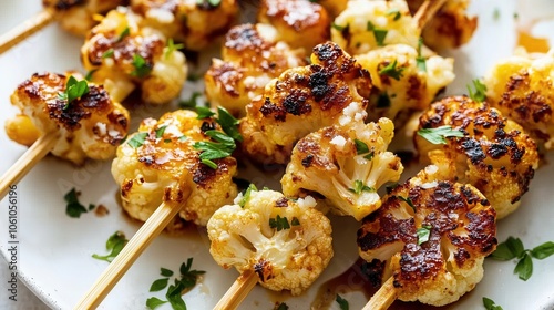 Grilled cauliflower skewers garnished with cheese and herbs on a white background showcasing culinary creativity photo