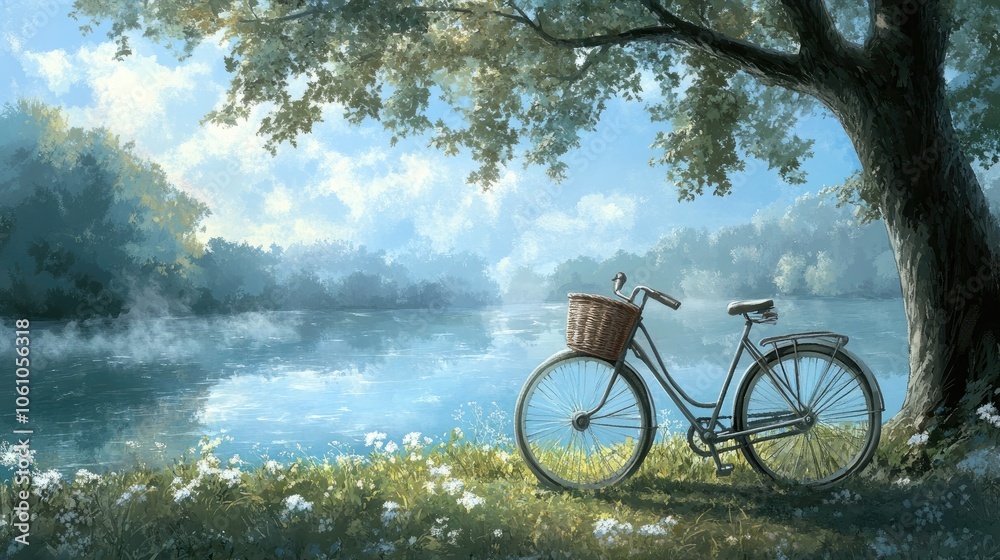Peaceful Bicycle by Serene River Under Bright Sky Peaceful Bicycle by Serene River Under Bright Sky