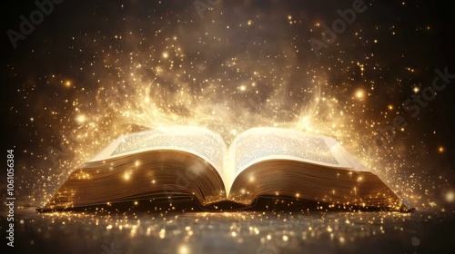 An open book surrounded by a magical glow and sparkling particles, creating a gentle abstract background with ample copy space