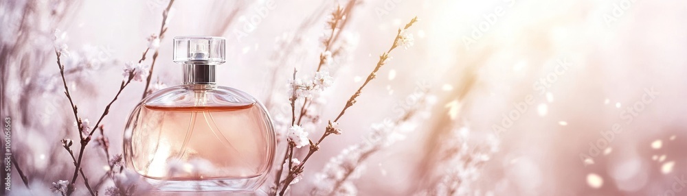 Glass Perfume Bottle with a Springtime Flower Background