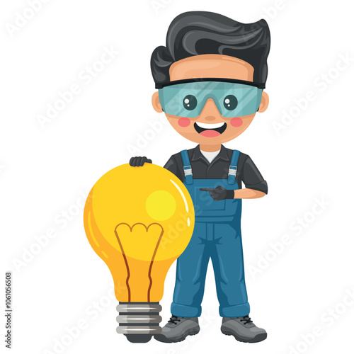 Maintenance technician with a giant light bulb. Creative concept for the generation of ideas. Handyman focused on maintenance tasks, repairs in industrial and domestic environments