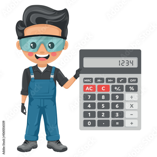 Maintenance technician with a calculator for financial analysis, accounting and budget calculation. Handyman focused on maintenance tasks, repairs in industrial and domestic environments