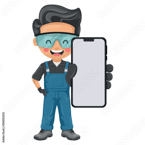 Maintenance technician with mobile phone. Concept of communication, notification and contact. Handyman focused on maintenance tasks, repairs in industrial and domestic environments