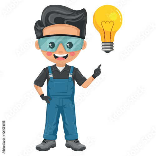 Maintenance technician with a light bulb. Creative concept for the generation of ideas. Handyman focused on maintenance tasks, repairs in industrial and domestic environments