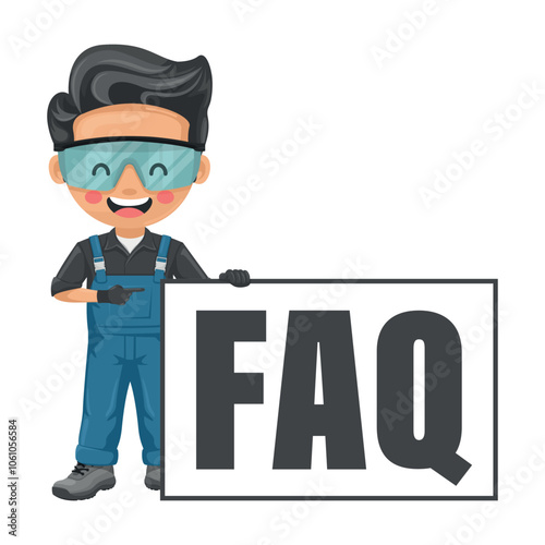 Maintenance technician with sign FAQ letters. Frequently asked questions. Handyman with personal protective equipment focused on maintenance tasks, repairs in industrial and domestic environments
