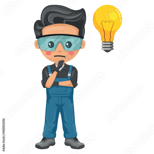 Maintenance technician expressing doubt. Focus representing an idea. Concept for the generation of ideas. Handyman focused on maintenance tasks, repairs in industrial and domestic environments
