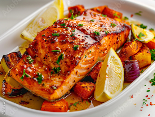 Cajun Honey Butter Salmon with Roasted Vegetables and Lemon Wedges