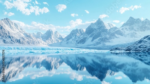 A serene glacial lake reflects the snowy peaks of a mountain range, creating a breathtaking winter landscape.