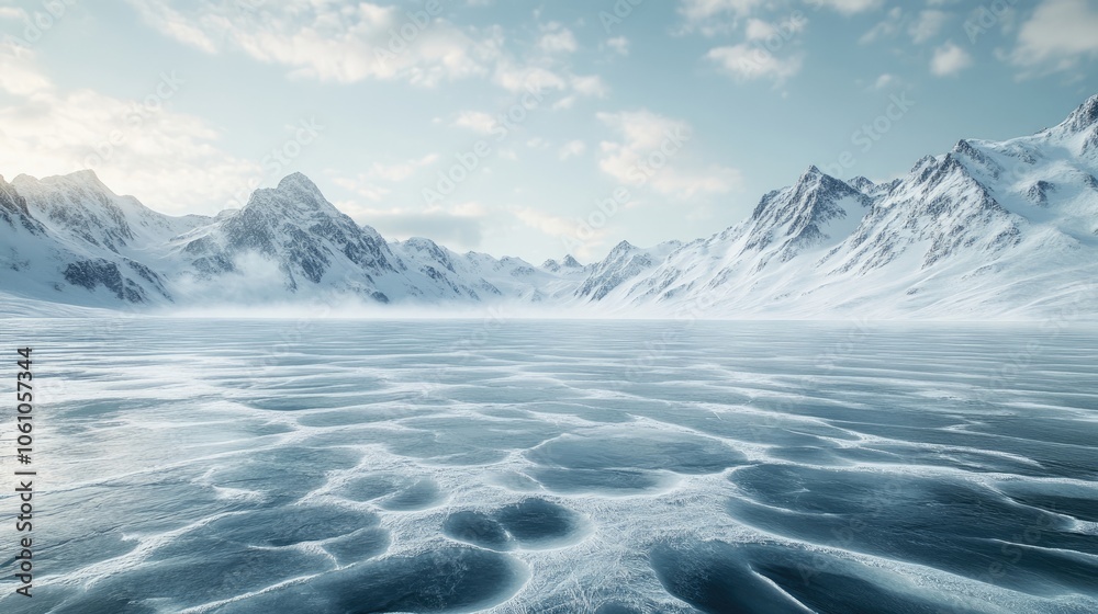 Frozen lake with snow-capped mountains in the background. Frozen lake with snow-capped mountains in the background.