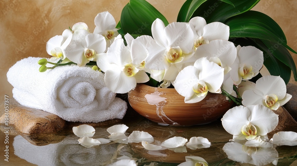 Elegant White Orchids with Spa Essentials on Water Surface Elegant White Orchids with Spa Essentials on Water Surface