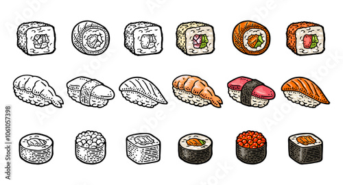 Set different types sushi with fish, caviar and shrimp. Ahi, amaebi, unagi, nigiri, ikura, tamago, California, Philadelphia, masago. Isolated on white. Vintage color vector engraving