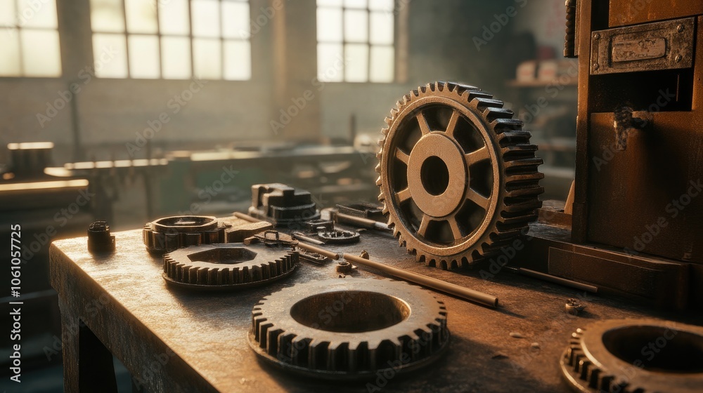 Industrial Tools and Gears on Workshop Table Industrial Tools and Gears on Workshop Table
