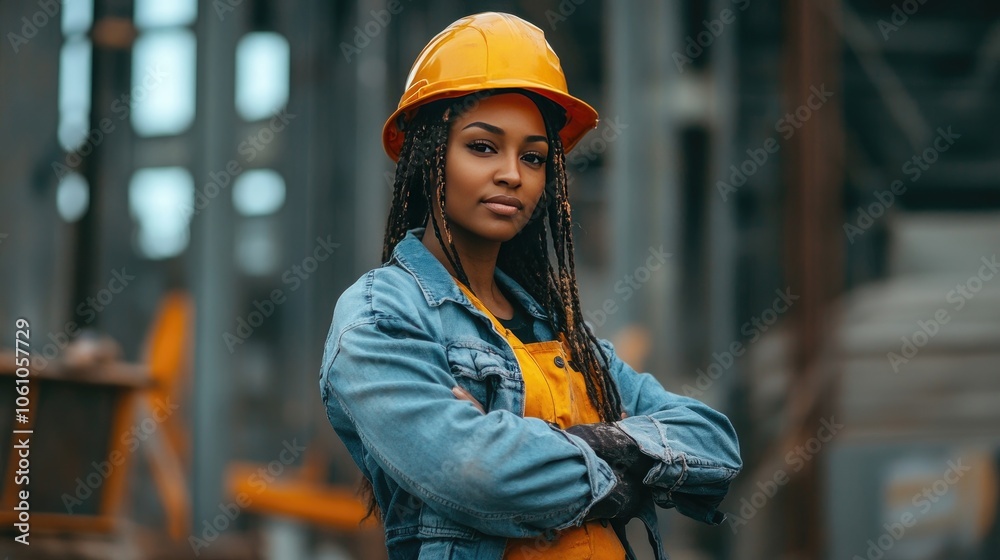A young African American woman wearing a hard hat and denim jacket stands confidently with her arms crossed. A young African American woman wearing a hard hat and denim jacket stands confidently with her arms crossed.