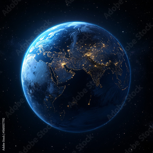 Night planet earth from space with light lines of communication and connection. Business and finance, concept. Global communications system and the World Wide Web. Technologies and communications.