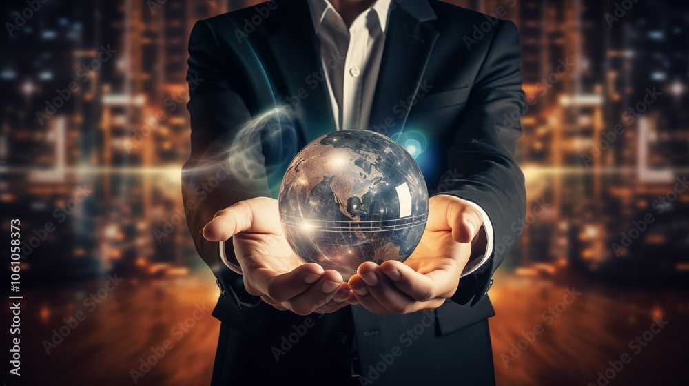 Fototapeta premium A businessman in a suit holds a glowing globe, symbolizing global connections and innovation in business. The futuristic background enhances the sense of opportunity.