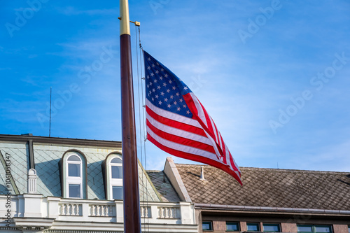 The American flag waves proudly near the U.S. Army memorial in Plzen, Czech Republic. A powerful tribute to the historic alliance and liberation of the city during WWII.