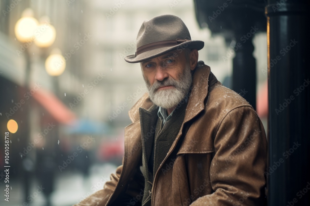 Portrait of an old man with gray beard and mustache in a brown coat on a city street. Portrait of an old man with gray beard and mustache in a brown coat on a city street.