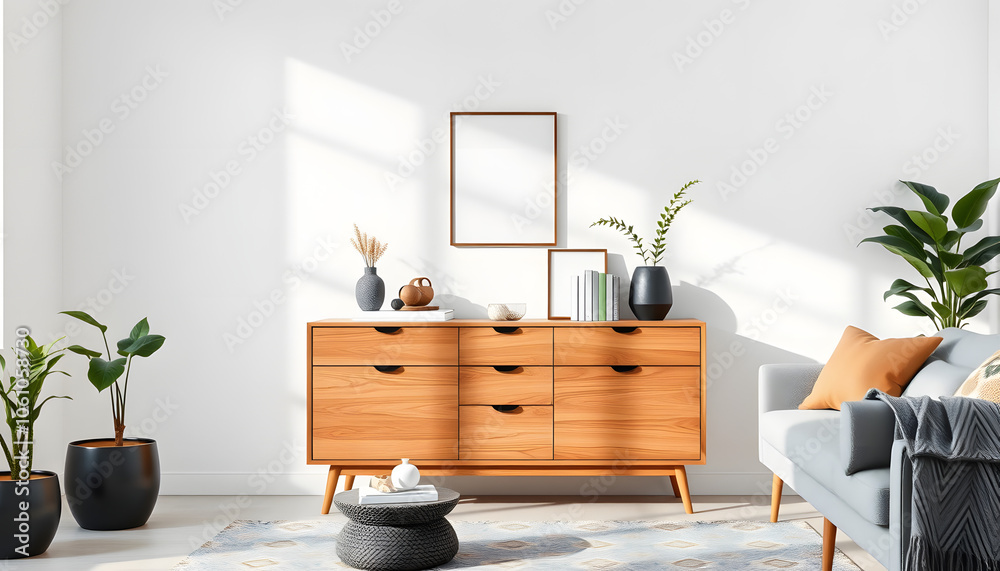 Obraz premium Modern scandinavian home interior with design wooden commode, plants in black pots, gray sofa, books and personal accessories. Stylish home decor. Template. Copy space. White walls isolated with whi