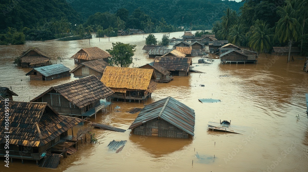 Naklejka premium Devastating Flood Ravages Remote Village in Tropical Paradise