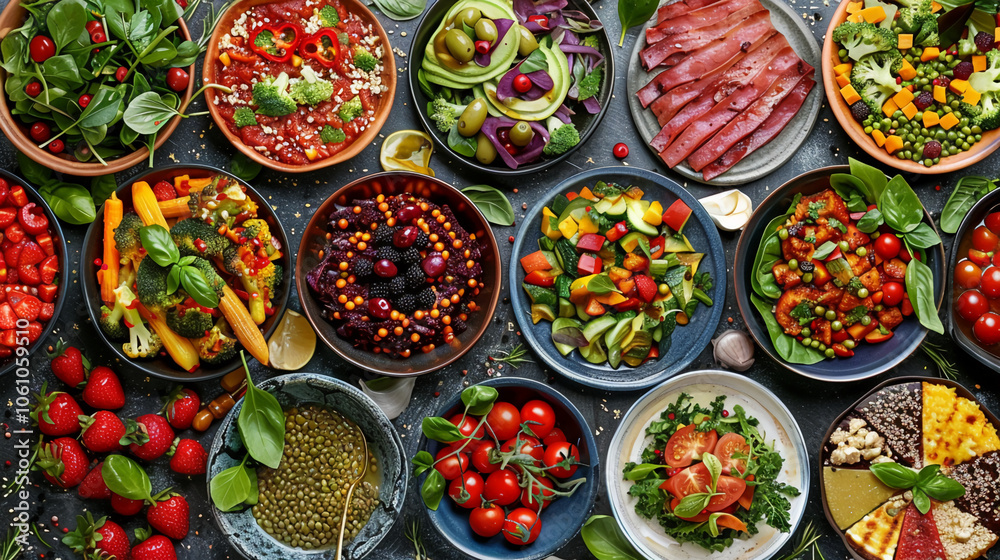 A variety of colorful salads and dishes are arranged on a dark surface, showcasing a vibrant and healthy meal A variety of colorful salads and dishes are arranged on a dark surface, showcasing a vibrant and healthy meal