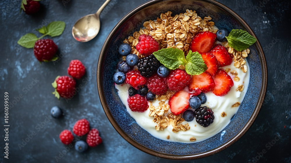 Balanced breakfast with yogurt, honey and fresh fruit