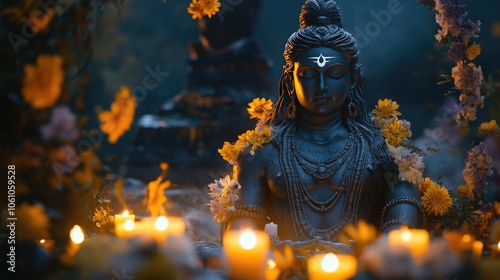 A stunning visual of a serene Shiva statue illuminated by soft light, surrounded by floral decorations and candles.