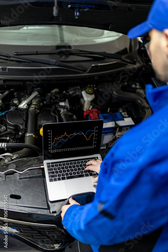 A technician analyzes engine data on a laptop while troubleshooting a vehicle in an auto repair shop