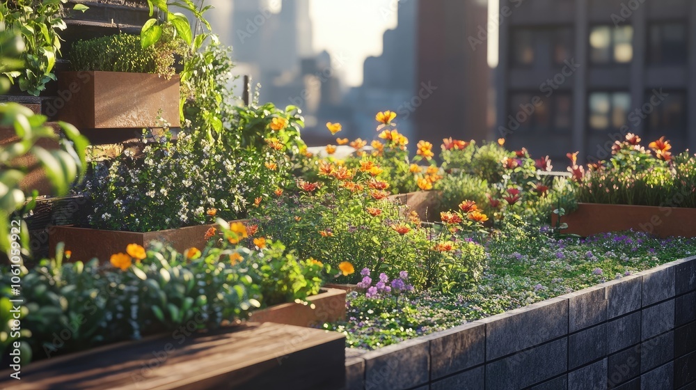 A rooftop garden bursts with life, featuring vibrant orange flowers and lush greenery. The cityscape is a blurred background, adding a touch of urban contrast. A rooftop garden bursts with life, featuring vibrant orange flowers and lush greenery. The cityscape is a blurred background, adding a touch of urban contrast.