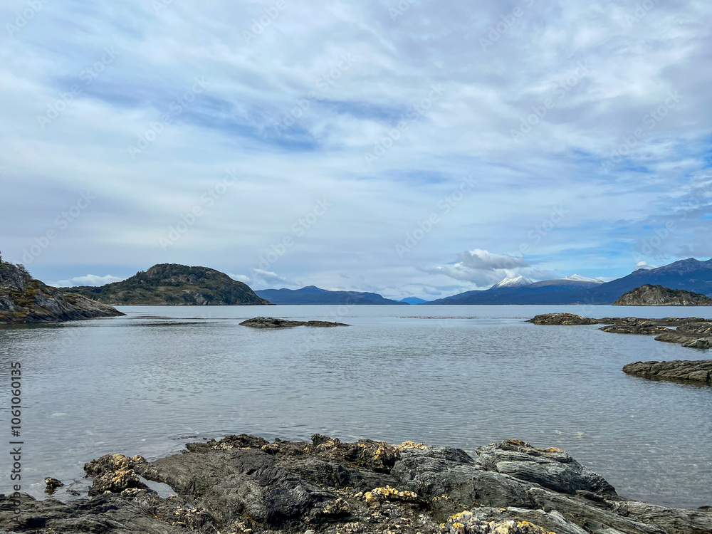 Argentina, Ushuaia - 2023, February: lake and mountains In Tierra del Fuego National Park Argentina, Ushuaia - 2023, February: lake and mountains In Tierra del Fuego National Park