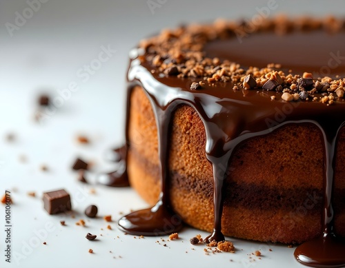 Close-Up of Decadent Dark Chocolate Drip Cake with Glossy Melted Chocolate Cascade on White Background – Perfect for Food and Dessert Photography