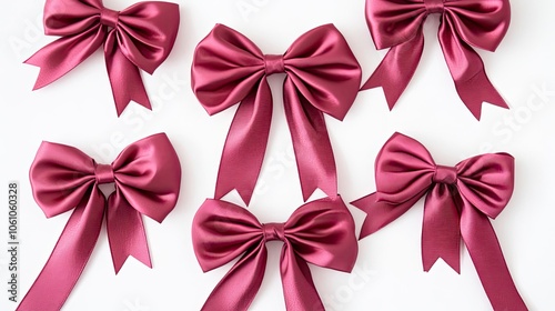 Elegant Pink Satin Ribbon Bows Arranged on a White Background Generative AI