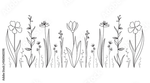 Minimalistic beauty botanical pattern. Field with abstract wildflowers and plants. Hand drawn vector illustration.