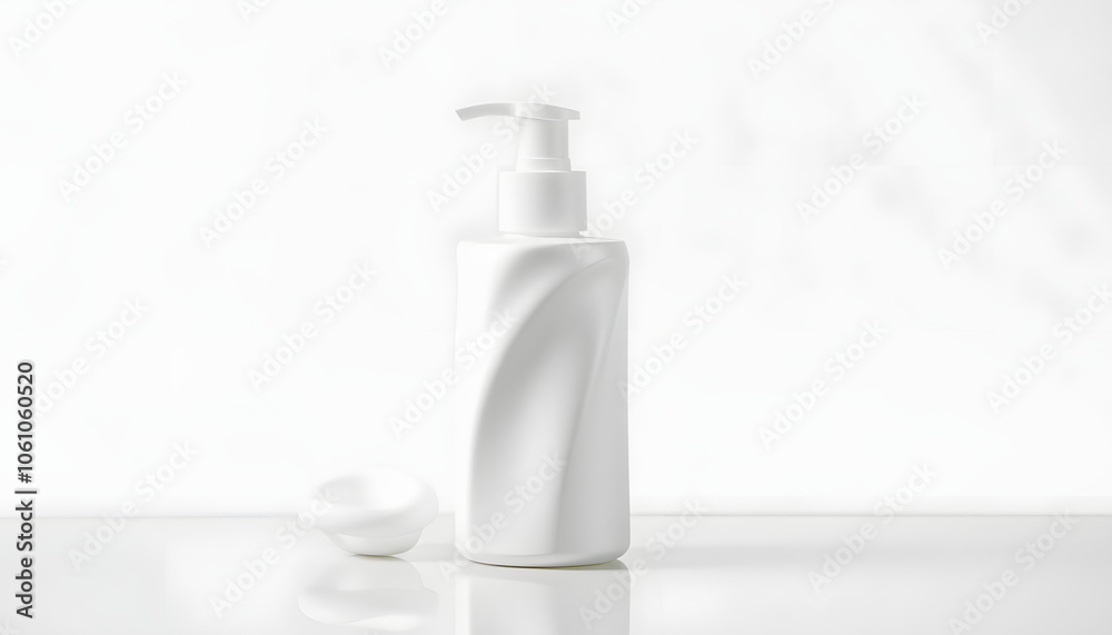 Beautiful white satin cosmetic product packaging bottle with foam dispenser for facial or body cleanser and micellar water. Isolated on transparent background. Product design photo mockup isolated w