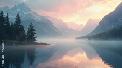 Serene Mountain Lake at Sunrise with Mist and Reflections