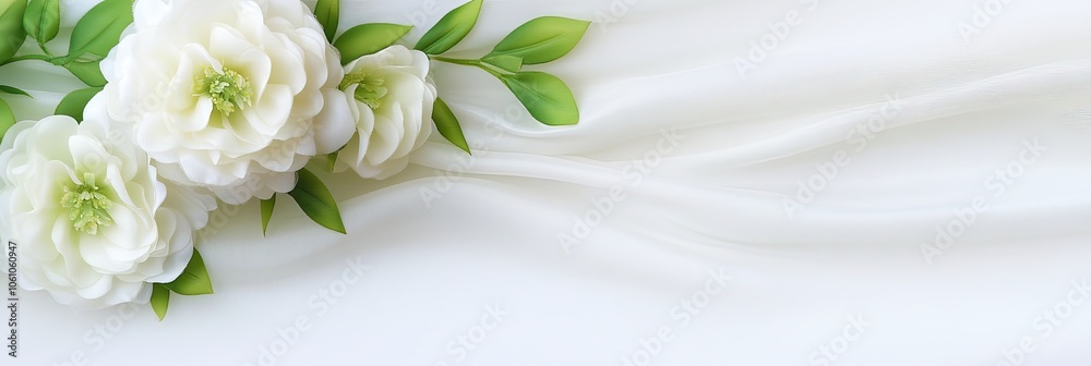 Elegant White Floral and Silk Curtain Banner Creating a Serene Atmosphere for a Wedding Backdrop Elegant White Floral and Silk Curtain Banner Creating a Serene Atmosphere for a Wedding Backdrop