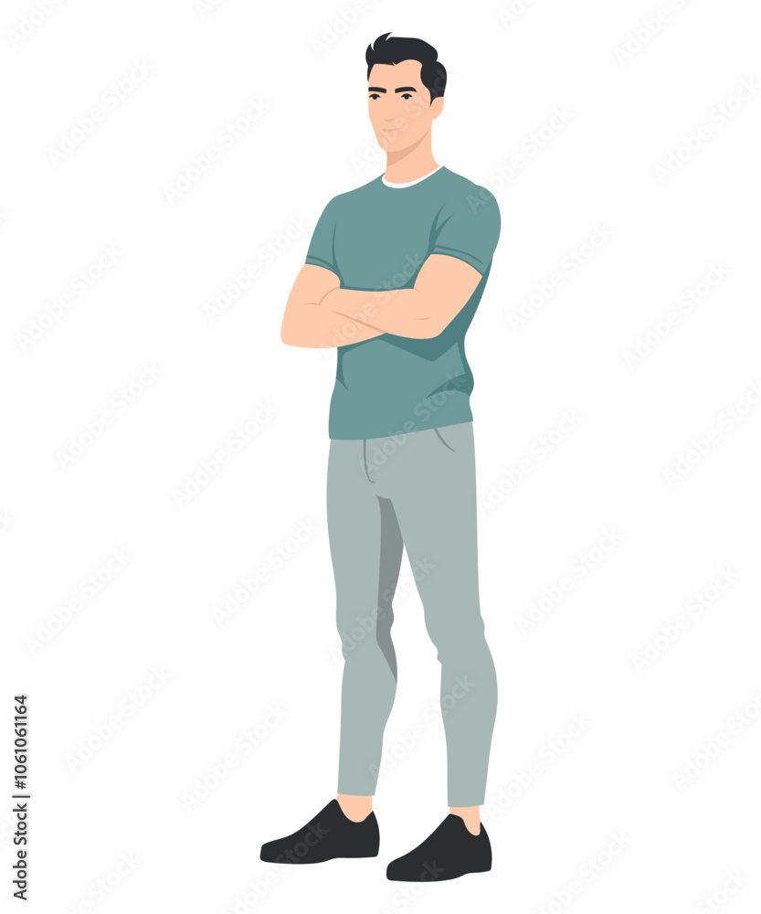 Vector illustration. Young man in a turquoise T-shirt and light gray trousers. Calm pose, arms crossed. Vector illustration. Young man in a turquoise T-shirt and light gray trousers. Calm pose, arms crossed.