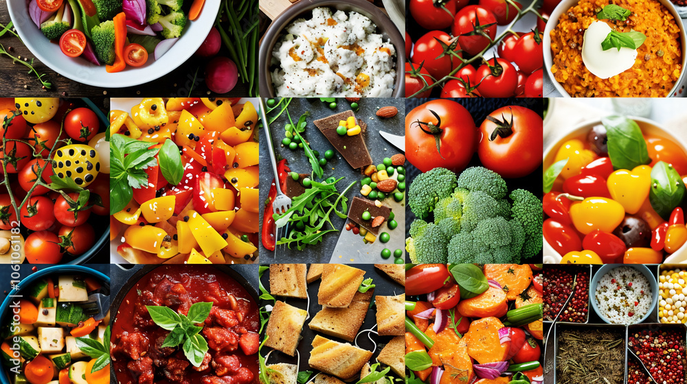 Fototapeta premium A collage of colorful food items, including vegetables, fruit, and grains, displayed on a wooden surface