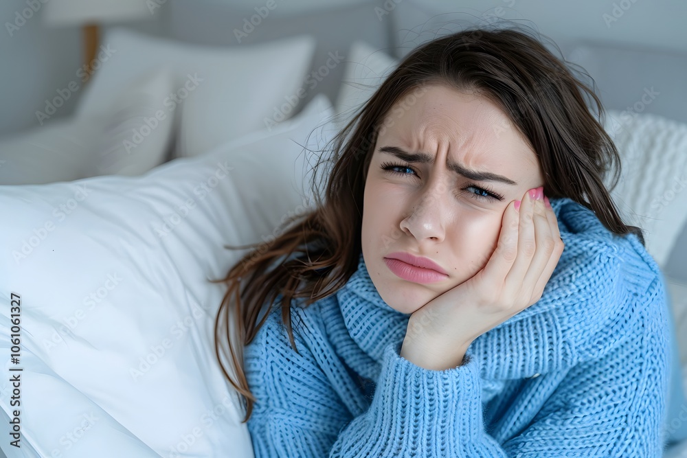 Young woman suffering from toothache, holding her cheek in pain, emphasizing dental discomfort and need for healthcare. Young woman suffering from toothache, holding her cheek in pain, emphasizing dental discomfort and need for healthcare.
