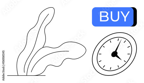 Abstract plant beside an analog clock shows minimalistic style, while a blue BUY button signifies urgency. Ideal for online shopping, time management, business strategy, e-commerce, marketing